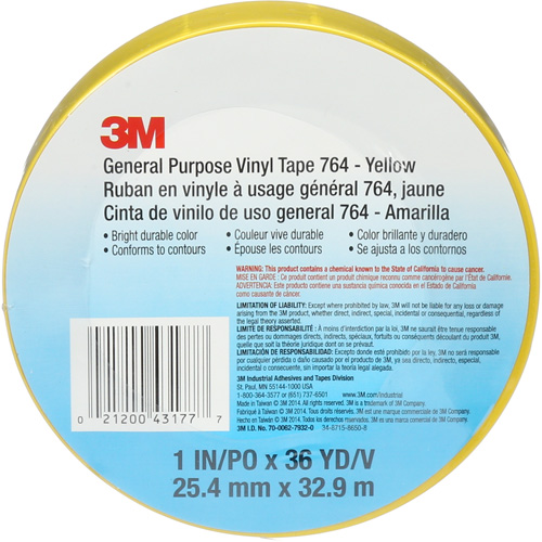 Ruban en vinyle pour travaux g&eacute;n&eacute;raux 764, 25,4 mm (1") la x 32,9 m (108') lo, 5 mils, Jaune Meunier Outillage Industriel