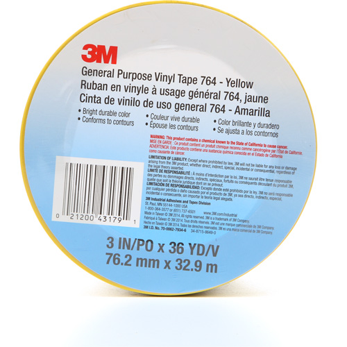 764 General-Purpose Vinyl Tape, 76 mm (3") W x 32.9 m (108') L, 5 mils, Yellow Meunier Outillage Industriel