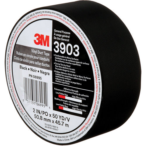 Rubans adh&eacute;sifs en vinyle 3903, 48 mm (2") la x 45 m (148') lo, 6,5 mils, Noir Meunier Outillage Industriel
