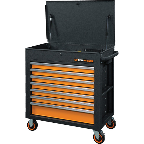 Chariot &agrave; outils s&eacute;rie GSX avec dessus inclin&eacute;, 7 tiroirs, 35" lo x 20" la x 39" h, Noir/Orange Meunier Outillage Industriel
