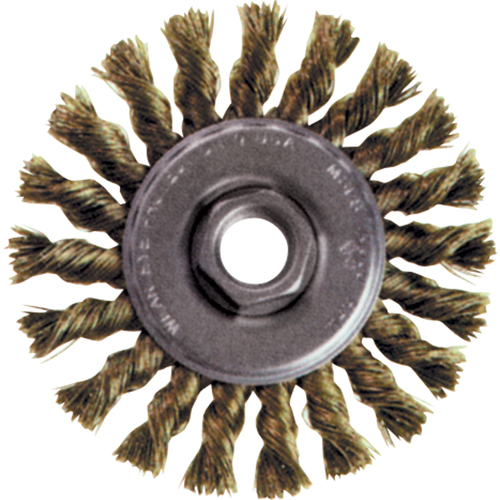 Brosse rotative &agrave; fils nou&eacute;s pour petites meuleuses haute vitesse, Dia. 4", Fils 0,02", Arbre 5/8"-11, Acier inoxydable Meunier Outillage Industriel