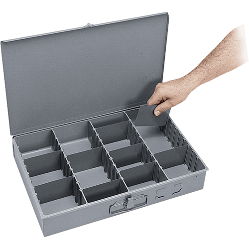 Boîtes &agrave; compartiments ajustables, Acier, Variable compartiments, 18" la x 12" p, 3" h, Gris Meunier Outillage Industriel