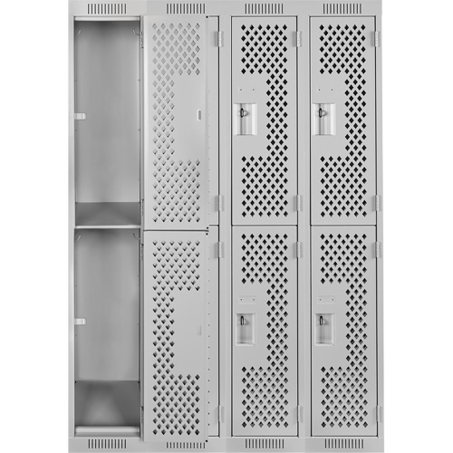 Clean Line Lockers, 2 -tier, Bank of 4, 48" x 15" x 72", Steel, Grey, Rivet (Assembled), Perforated Meunier Outillage Industriel