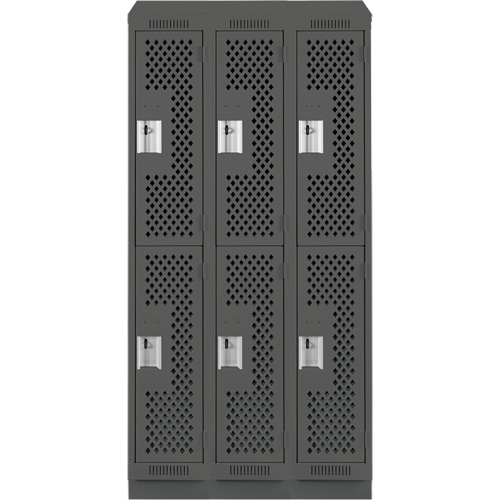 Clean Line Lockers, 2 -tier, Bank of 3, 36" x 12" x 82", Steel, Charcoal, Rivet (Assembled), Perforated Meunier Outillage Industriel