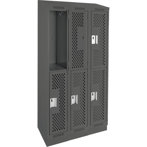 Clean Line Lockers, 2 -tier, Bank of 3, 36" x 12" x 82", Steel, Charcoal, Rivet (Assembled), Perforated Meunier Outillage Industriel