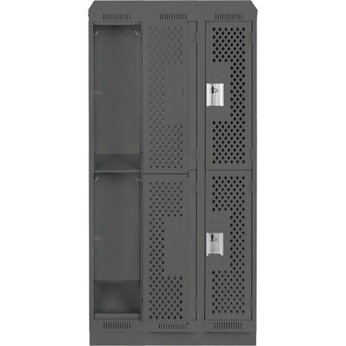 Clean Line Lockers, 2 -tier, Bank of 3, 36" x 12" x 82", Steel, Charcoal, Rivet (Assembled), Perforated Meunier Outillage Industriel