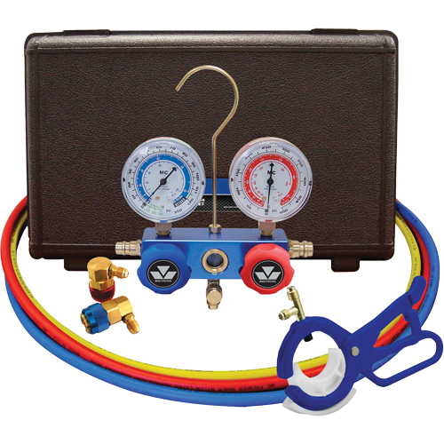 Jeu de manom&egrave;tres collecteurs &agrave; deux voies R134A pour automobile avec coupleurs et robinet perce-canette lat&eacute;rale 3-en-1 Meunier Outillage Industriel