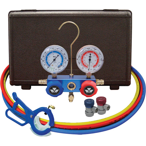 Jeu de manom&egrave;tres collecteurs pour automobile avec coupleurs manuels et robinet perce-canette lat&eacute;rale 3-in-1 Meunier Outillage Industriel