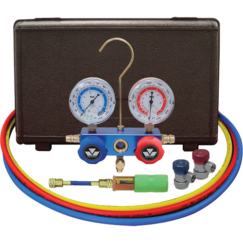 Automotive Manifold Gauge Set with Mini Dye Injector & Manual Couplers Meunier Outillage Industriel