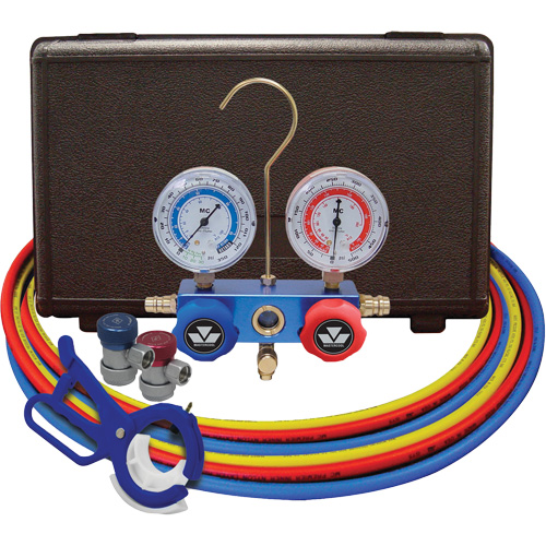 Jeu de manom&egrave;tres collecteurs pour automobile avec coupleurs manuels et robinet perce-canette lat&eacute;rale 3 en 1 Meunier Outillage Industriel