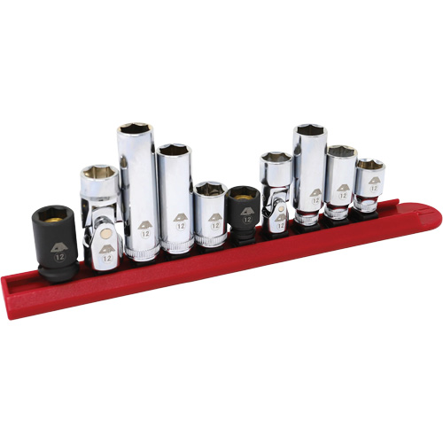 Jeu de douilles chrom&eacute;es avec rail, 10 Morceaux, Prise de 1/4"/3/8" Meunier Outillage Industriel