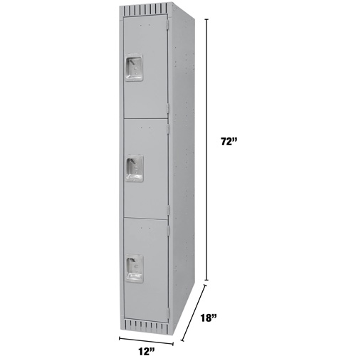 Lockers, 3 -tier, 12" x 18" x 72", Steel, Grey, Knocked Down Meunier Outillage Industriel