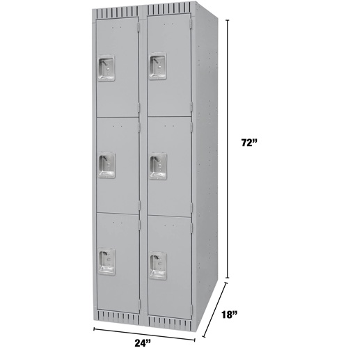 Lockers, 3 -tier, Bank of 2, 24" x 18" x 72", Steel, Grey, Knocked Down Meunier Outillage Industriel