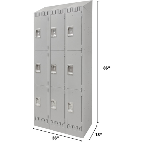 Lockers, 3 -tier, Bank of 3, 36" x 18" x 86", Steel, Grey, Knocked Down Meunier Outillage Industriel