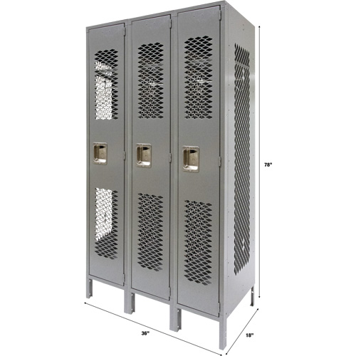 Vented Lockers, Bank of 3, 36" x 18" x 78", Steel, Grey, Knocked Down, Perforated Meunier Outillage Industriel