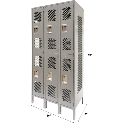 Casiers ventil&eacute;s, 2 niveaux, Bloc de 3, 36" x 18" x 78", Acier, Gris, D&eacute;mont&eacute;, Perfor&eacute; Meunier Outillage Industriel