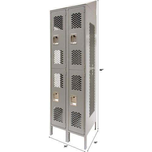 Vented Lockers, 2 -tier, Bank of 2, 24" x 18" x 88", Steel, Grey, Knocked Down, Perforated Meunier Outillage Industriel