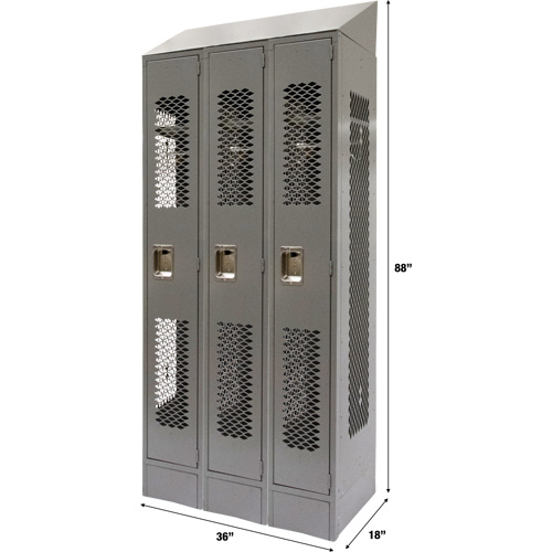 Vented Lockers, Bank of 3, 36" x 18" x 88", Steel, Grey, Knocked Down, Perforated Meunier Outillage Industriel