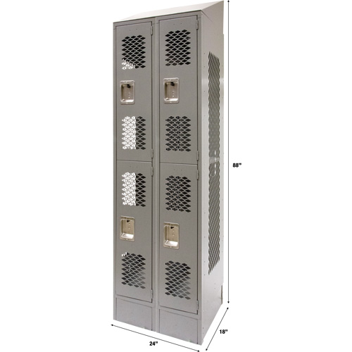 Vented Lockers, 2 -tier, Bank of 2, 24" x 18" x 88", Steel, Grey, Knocked Down, Perforated Meunier Outillage Industriel