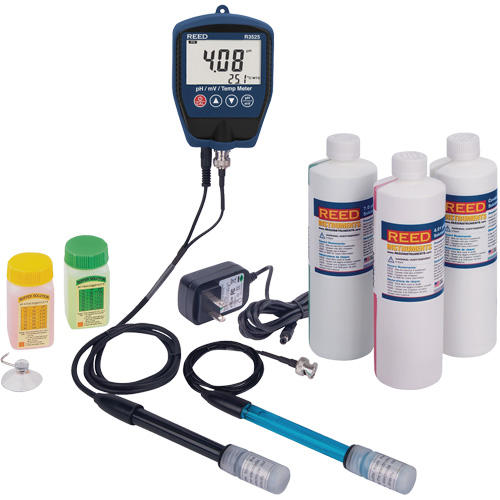 Trousse de pH/mV-m&egrave;tre R3525 avec &eacute;lectrode de potentiel redox, solution de pH/conductivit&eacute; et adaptateur de courant Meunier Outillage Industriel
