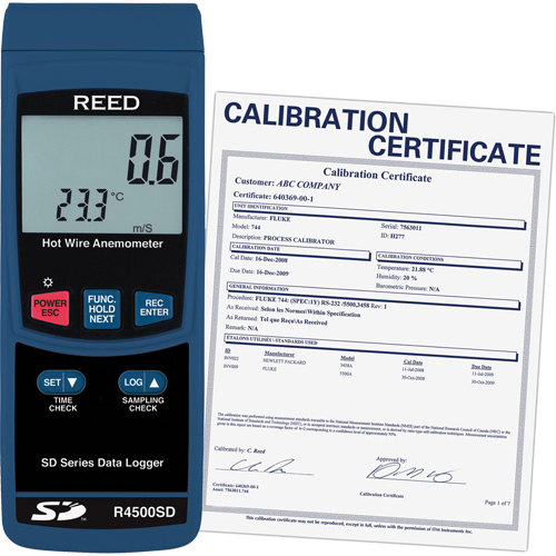 Thermo-an&eacute;mom&egrave;tres &agrave; fil chaud avec enregistrement de donn&eacute;es et certificat de calibration, Enregistrement des donn&eacute;es, Gamme de v&eacute;locit&eacute; d'air de 0,2 - 25 m/sec Meunier Outillage Industriel