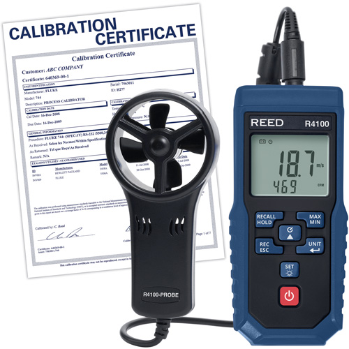 Thermo-an&eacute;mom&egrave;tre &agrave; aube R4100 avec volume d'air et certificat d'&eacute;talonnage, Enregistrement des donn&eacute;es, Gamme de v&eacute;locit&eacute; d'air de 0,4 - 30 m/sec Meunier Outillage Industriel