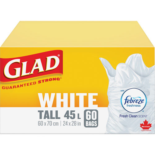 Sacs &agrave; ordures hauts 45 L avec Febreze, R&eacute;gulier, 24" la x 28" lo, Blanc Meunier Outillage Industriel