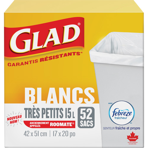 Tr&egrave;s petits sacs &agrave; ordures 15 L avec Febreze, R&eacute;gulier, 17" la x 20" lo, Blanc Meunier Outillage Industriel