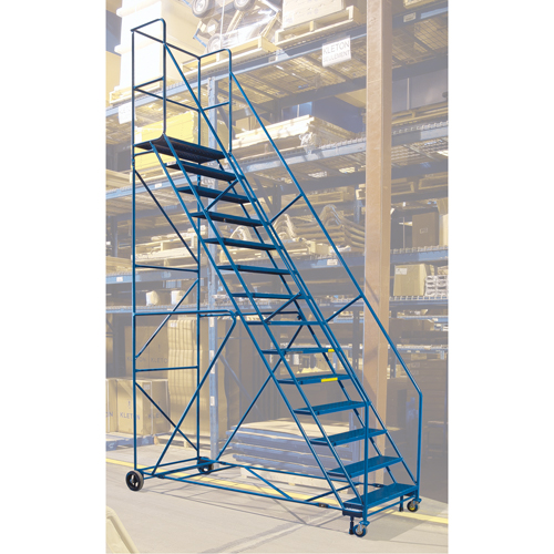 CSA-Certified Rolling Step Ladder with Locking Step, 14 Steps, 30" Step Width, 128" Platform Height, Steel Meunier Outillage Industriel