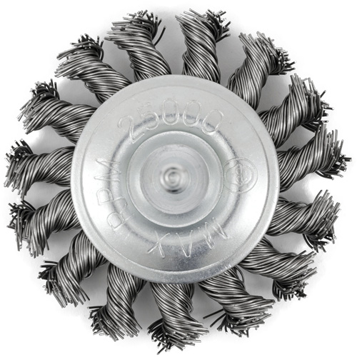 Shaft Mounted Knot Twisted Radial Brush, 3" Dia., 0.02" Fill, 1/4" Arbor, Stainless Steel Meunier Outillage Industriel