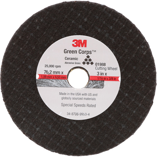 General-Purpose Cut-Off Wheel, 3" x 1/16", 3/8" Arbor, Type 27, Aluminum Oxide, 25000 RPM Meunier Outillage Industriel
