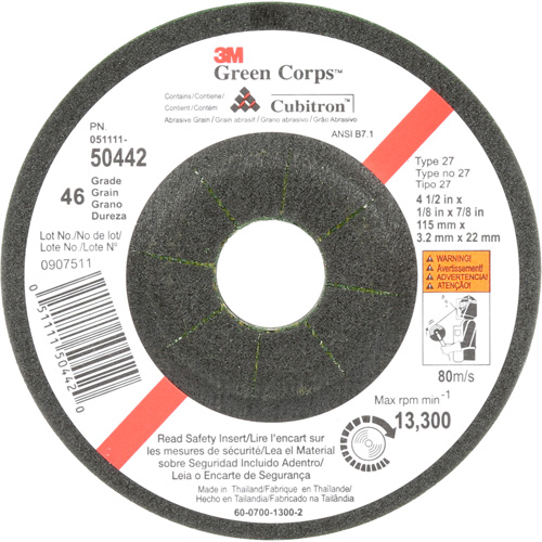 Green Corps Flexible Grinding Wheel, 4-1/2" x 1/8", 7/8" Arbor, Ceramic, Type 27 Meunier Outillage Industriel