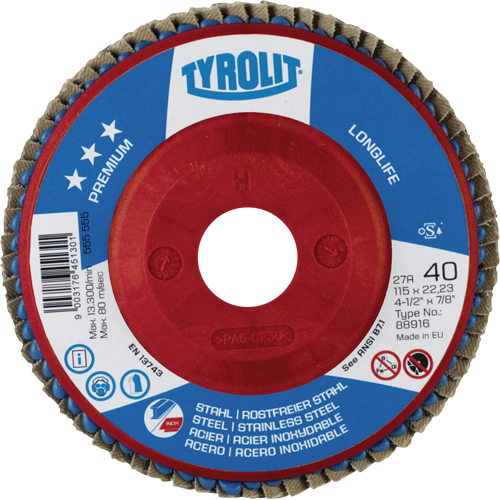Long Life Flap Disc, 4-1/2" x 7/8", Type 27, 40 Grit, Zirconium Meunier Outillage Industriel