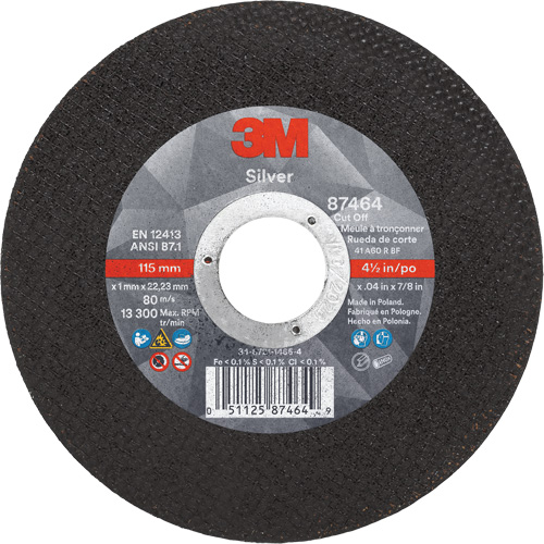 Silver Cut-Off Wheel, 4-1/2" x 0.04", 7/8" Arbor, Type 1, Ceramic, 13300 RPM Meunier Outillage Industriel