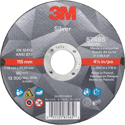 Silver Cut-Off Wheel, 4-1/2" x 0.045", 7/8" Arbor, Type 1, Ceramic, 13300 RPM Meunier Outillage Industriel