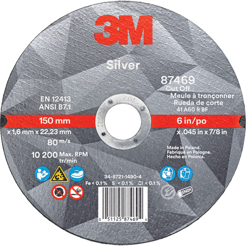 Silver Cut-Off Wheel, 6" x 0.045", 7/8" Arbor, Type 1, Ceramic, 10200 RPM Meunier Outillage Industriel