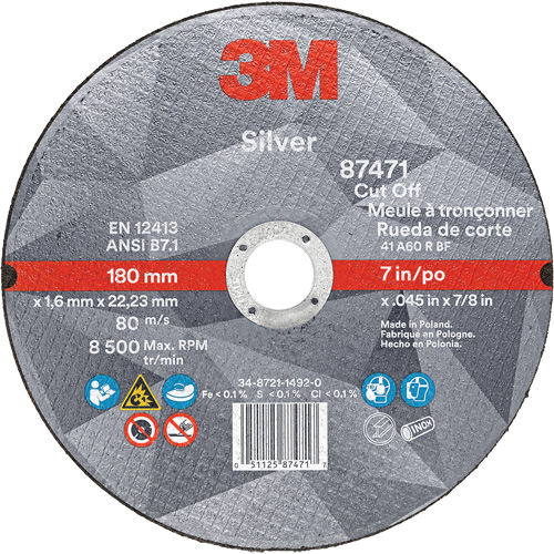 Silver Cut-Off Wheel, 7" x 0.045", 7/8" Arbor, Type 1, Ceramic, 8500 RPM Meunier Outillage Industriel