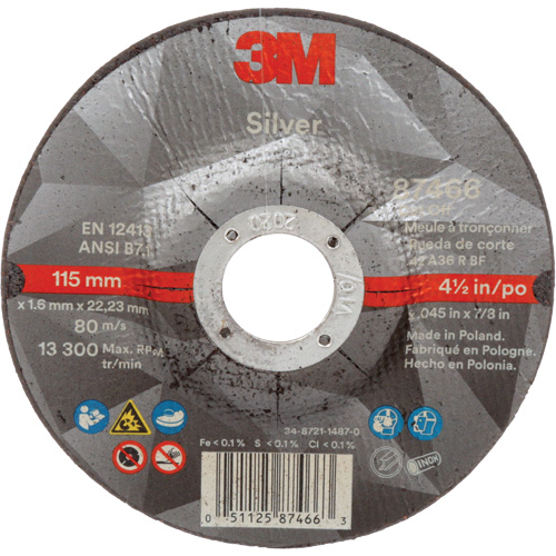 Silver Cut-Off Wheel, 4-1/2" x 0.045", 7/8" Arbor, Type 27, Ceramic, 13300 RPM Meunier Outillage Industriel