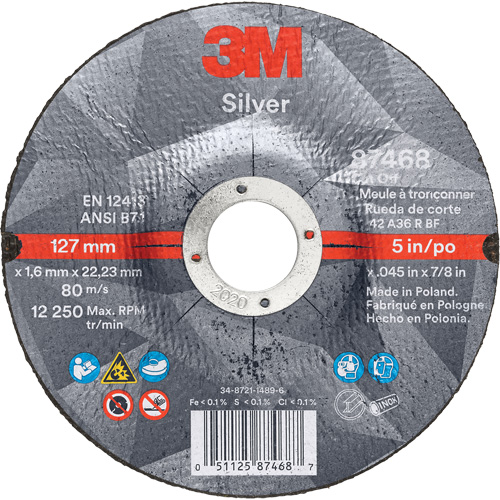 Silver Cut-Off Wheel, 5" x 0.045", 7/8" Arbor, Type 27, Ceramic, 12250 RPM Meunier Outillage Industriel