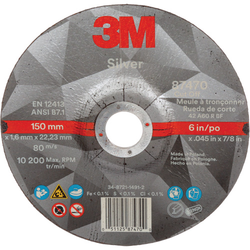 Silver Cut-Off Wheel, 6" x 0.045", 7/8" Arbor, Type 27, Ceramic, 10200 RPM Meunier Outillage Industriel