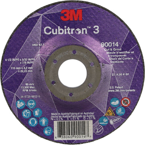 Cubitron 3 Cut & Grind Wheel, 4-1/2" x 5/32", 7/8" Arbor, Type T27, 36+ Grit, Ceramic Meunier Outillage Industriel