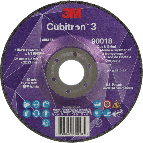 Meule &agrave; couper & tronçonner Cubitron 3, 5" x 5/32", Arbre de 7/8", Type T27, Grain de 36+, C&eacute;ramique Meunier Outillage Industriel