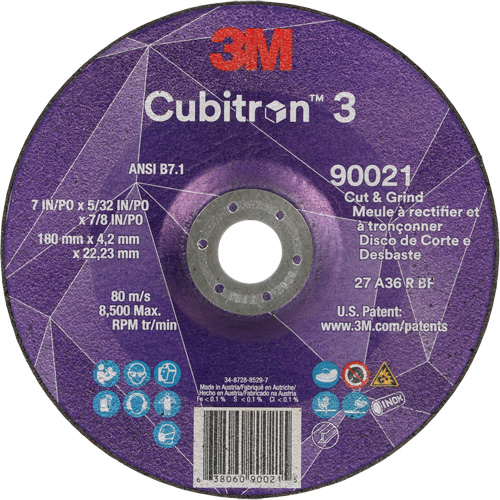 Cubitron 3 Cut & Grind Wheel, 7" x 5/32", 7/8" Arbor, Type T27, 36+ Grit, Ceramic Meunier Outillage Industriel