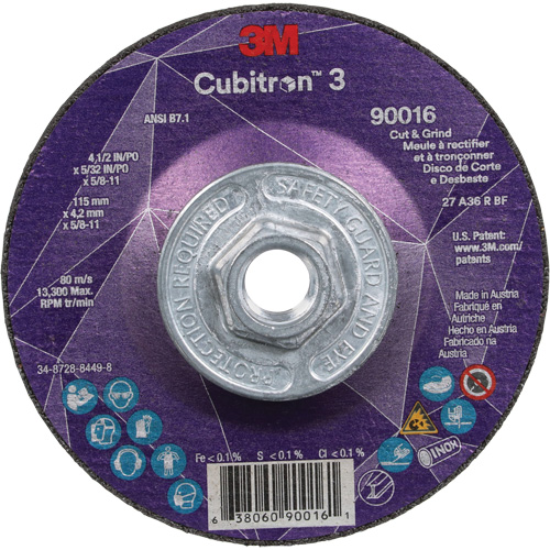 Meule &agrave; couper & tronçonner Cubitron 3, 4-1/2" x 5/32", Arbre de 5/8"-11, Type T27, Grain de 36+, C&eacute;ramique Meunier Outillage Industriel
