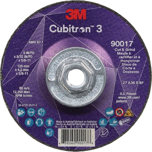 Cubitron 3 Cut & Grind Wheel, 5" x 5/32", 5/8"-11 Arbor, Type T27, 36+ Grit, Ceramic Meunier Outillage Industriel