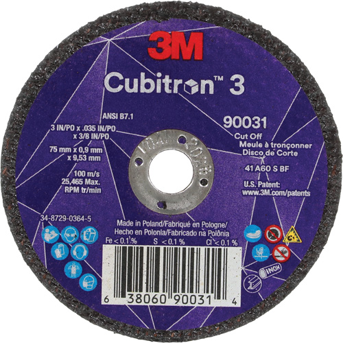 Meule &agrave; tronçonner Cubitron 3, 3" x 0,035", Arbre de 3/8", Type T1, C&eacute;ramique, 21000 Tr/min Meunier Outillage Industriel