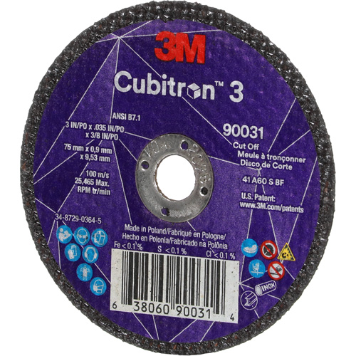 Meule &agrave; tronçonner Cubitron 3, 3" x 0,035", Arbre de 3/8", Type T1, C&eacute;ramique, 21000 Tr/min Meunier Outillage Industriel
