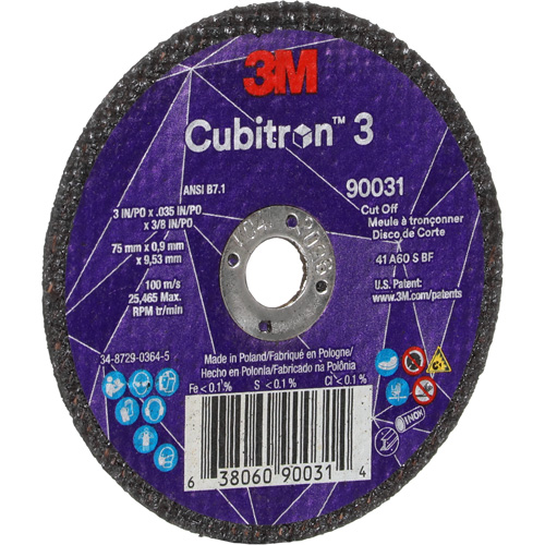 Meule &agrave; tronçonner Cubitron 3, 3" x 0,035", Arbre de 3/8", Type T1, C&eacute;ramique, 21000 Tr/min Meunier Outillage Industriel