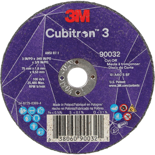Cubitron 3 Cut-Off Wheel, 3" x 0.045", 3/8" Arbor, Type T1, Ceramic, 21000 RPM Meunier Outillage Industriel