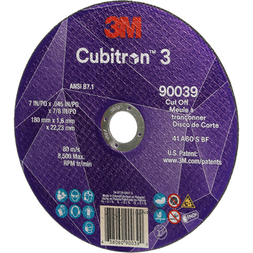 Cubitron 3 Cut-Off Wheel, 7" x 0.09", 7/8" Arbor, Type T27, Ceramic, 8500 RPM Meunier Outillage Industriel